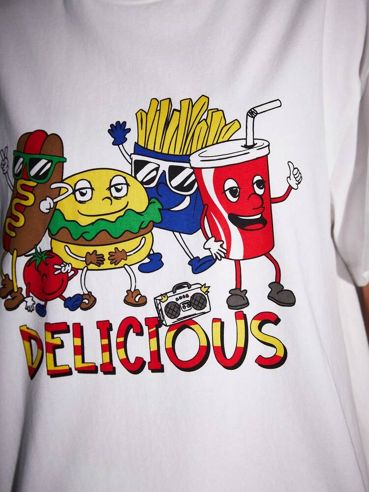 Dopamine Cute Loose Fit Letter Cartoon Print White T-Shirt For Women