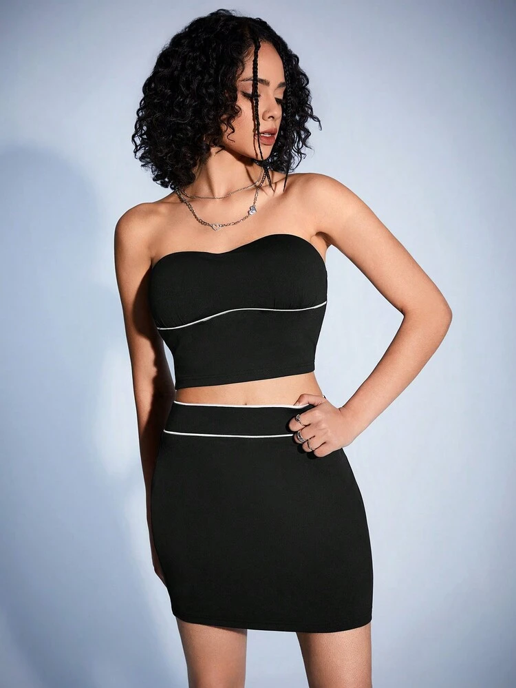 Women'S Color-Blocked Stitching Strapless Top And Skirt Set With Edging