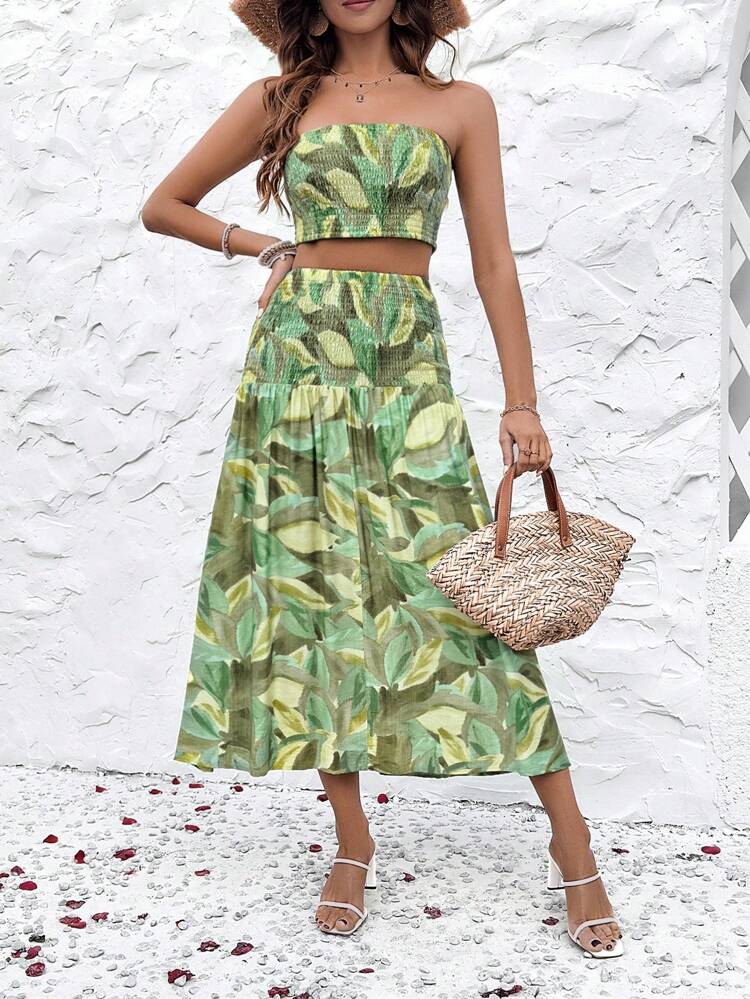 Two Piece Set With Casual Plant Print