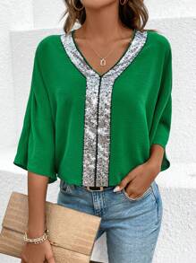 SHEIN Clasi Plain Textured Glitter 3/4 Sleeve Shirt - Green - View 5