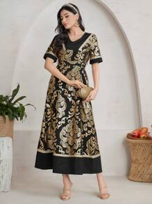 Al Najma All Over Print V-Neck Arabian Dress - Multicolor - View 6