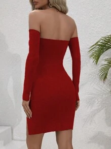 SHEIN Unity Của phụ nữ Off Shoulder Viền mép Đầm - Màu Đỏ Sâu - Xem 2