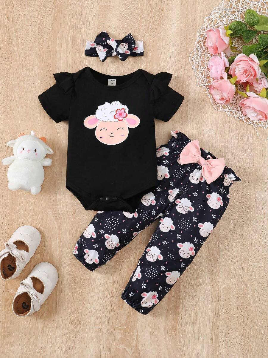 女婴卡通小羊印花连体衣裤套装，休闲可爱 - 彩色 - 查看 1