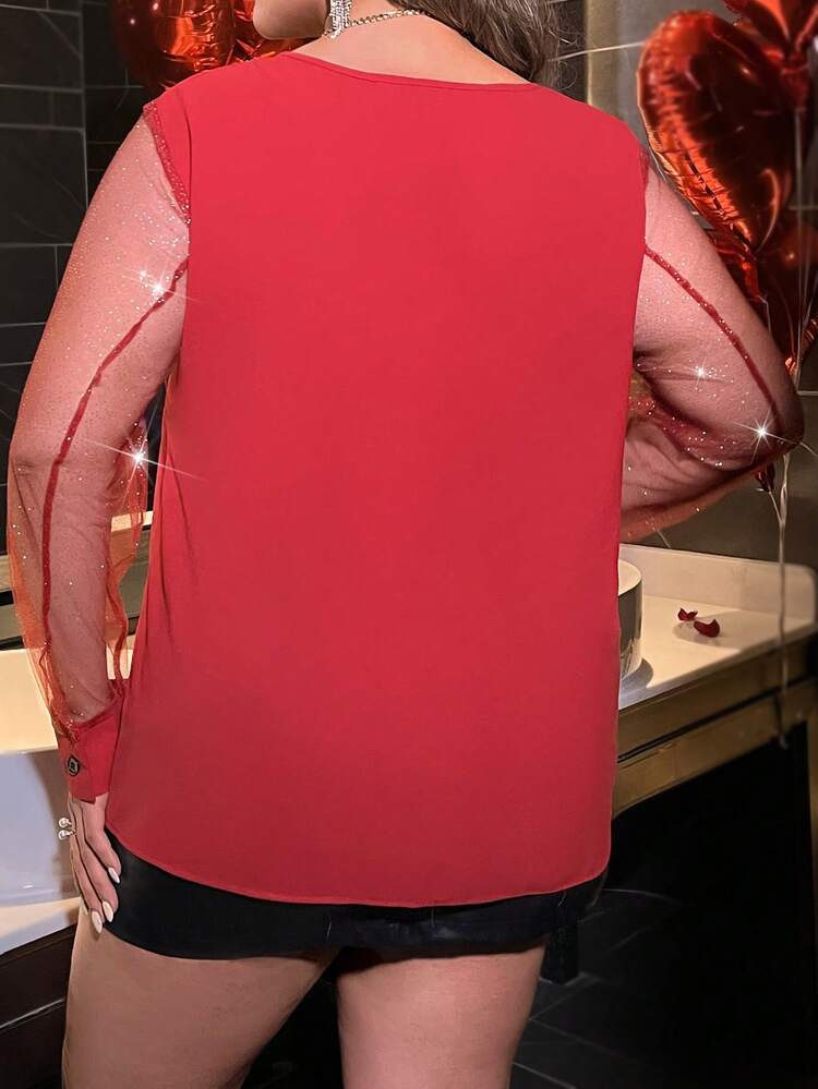 Plus Size Women's Red V-Neck Mesh Splice Blouse