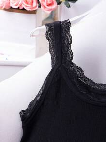 SHEIN Clasi Plus Size Sleeveless Lace Trim Knit Top - Black - View 4