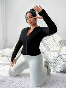 SHEIN Rhythm Era Chaqueta Deportiva Ajustada De Talla Grande Con Cierre De Cremallera - Negro - Ver 5