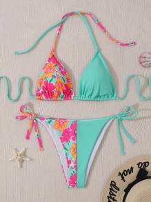 Women's Floral Printed Patchwork Bikini Set Summer Beach - Multicolor - View 1