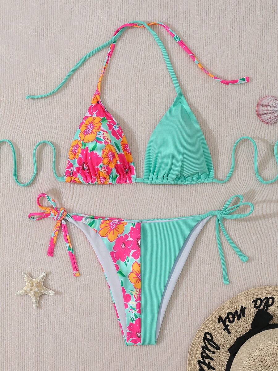 Women's Floral Printed Patchwork Bikini Set Summer Beach - Multicolor - View 1