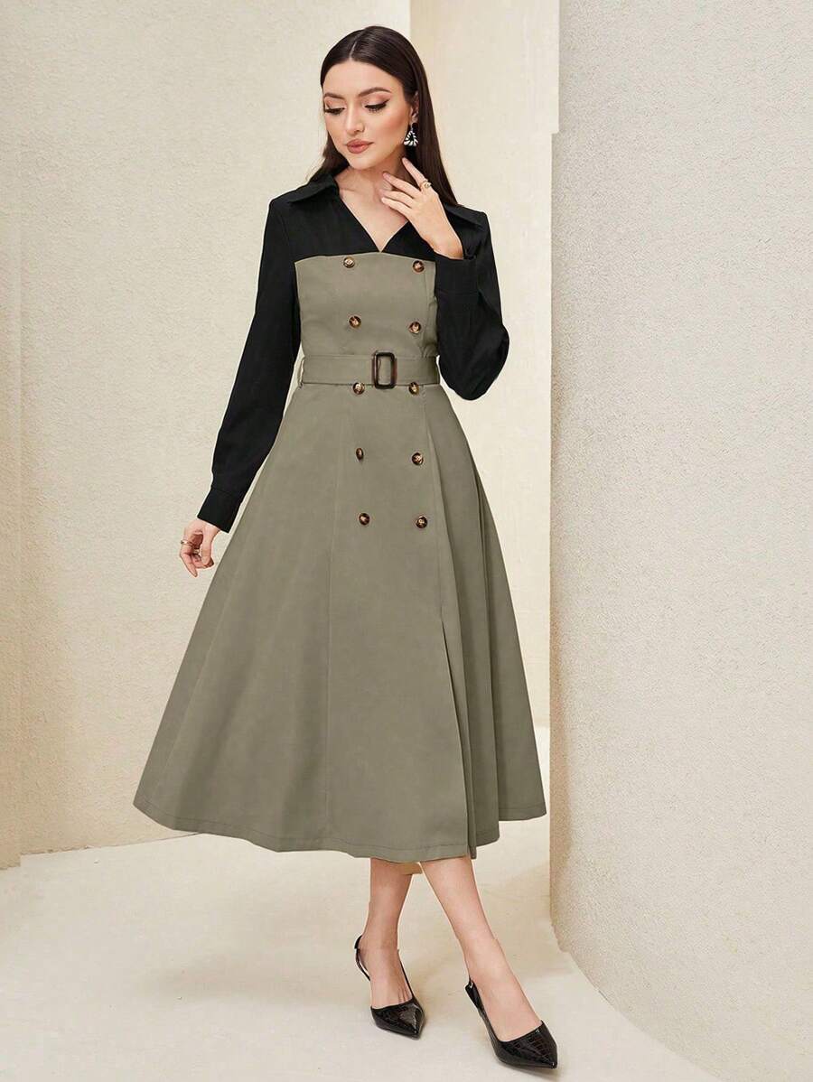 Modelyn 女款拼色扣環細節腰部收緊連身裙 - 灰色 - 查看 1