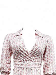 Bộ đồ họa tiết kẻ caro răng cưa gồm áo cổ Peter Pan, tay phồng và quần ống loe. - Hồng - Xem 6