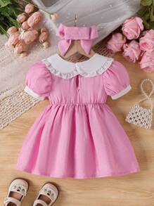 Souflis Souflis 夏季新款嬰兒女孩泡泡袖刺繡拼接甜美洋裝