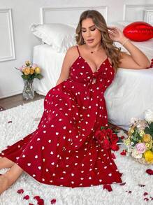 Flirla Váy yếm in hình trái tim Boho cỡ lớn dành cho nữ, mùa hè - Đỏ - Xem 4