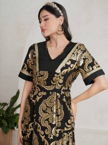 Al Najma All Over Print V-Neck Arabian Dress - Multicolor - View 9