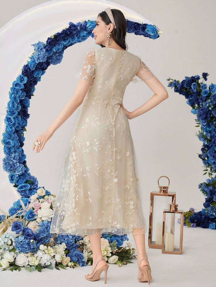 Women'S Floral Embroidery A-Line Dress Long Evening Dresses