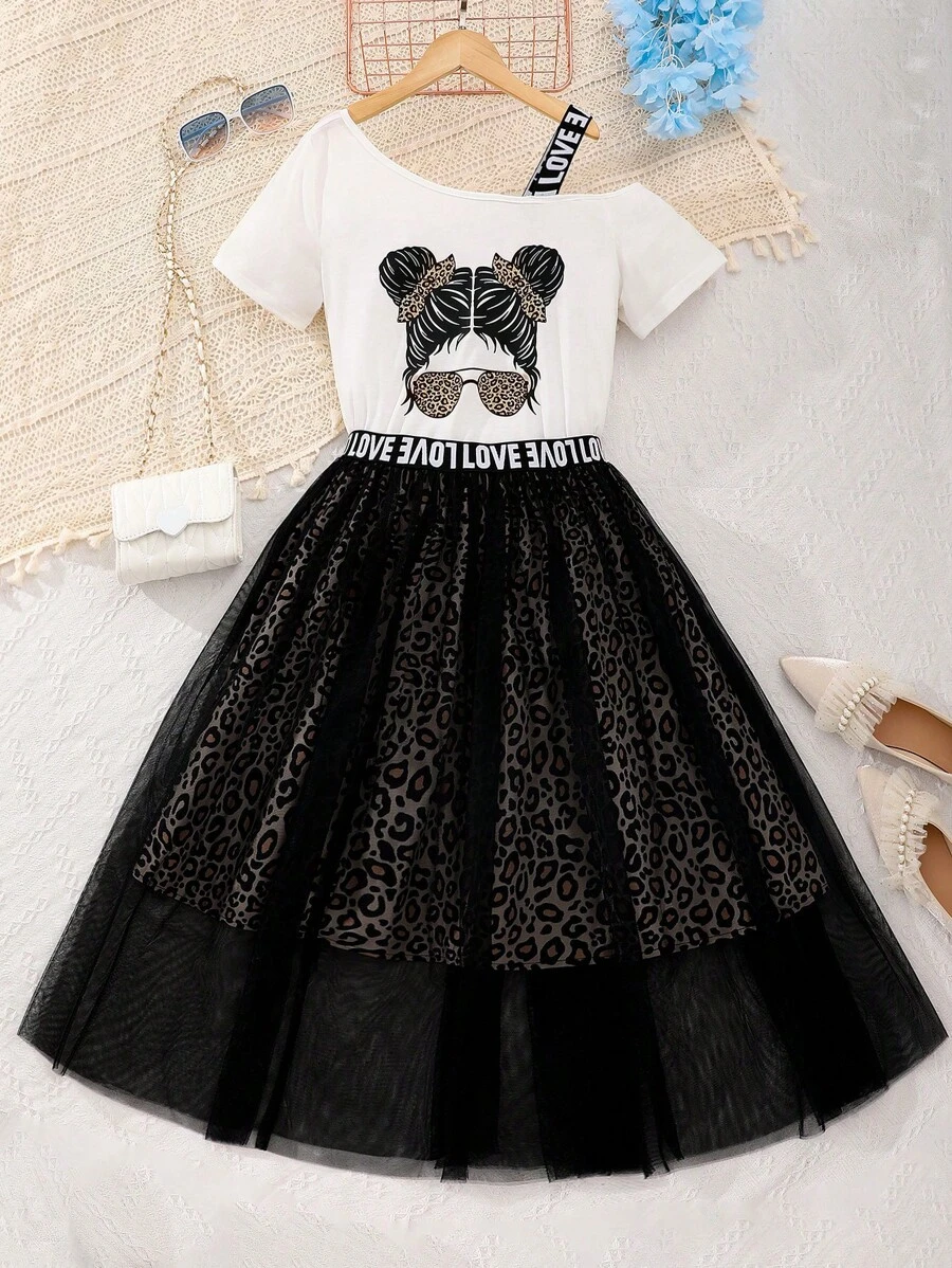 Conjunto de 2 piezas de top de manga corta y falda estampado de leopardo para adolescentes - Blanco - Ver 1