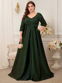 XUIBOL Plus Size Sequin Patchwork Asymmetric Hem Evening Gown - Dark Green - View 1