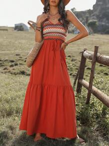 SHEIN LUNE Woven Ribbon Patchwork Backless Cami Dress Maxi Women Outfit