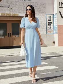 GENKIRA Puff Sleeve Wrap Neckline Dress - Blue - View 1