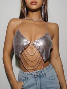 SHEIN Unity Metallic Beaded Decorated Cami Top - Silver - View 1