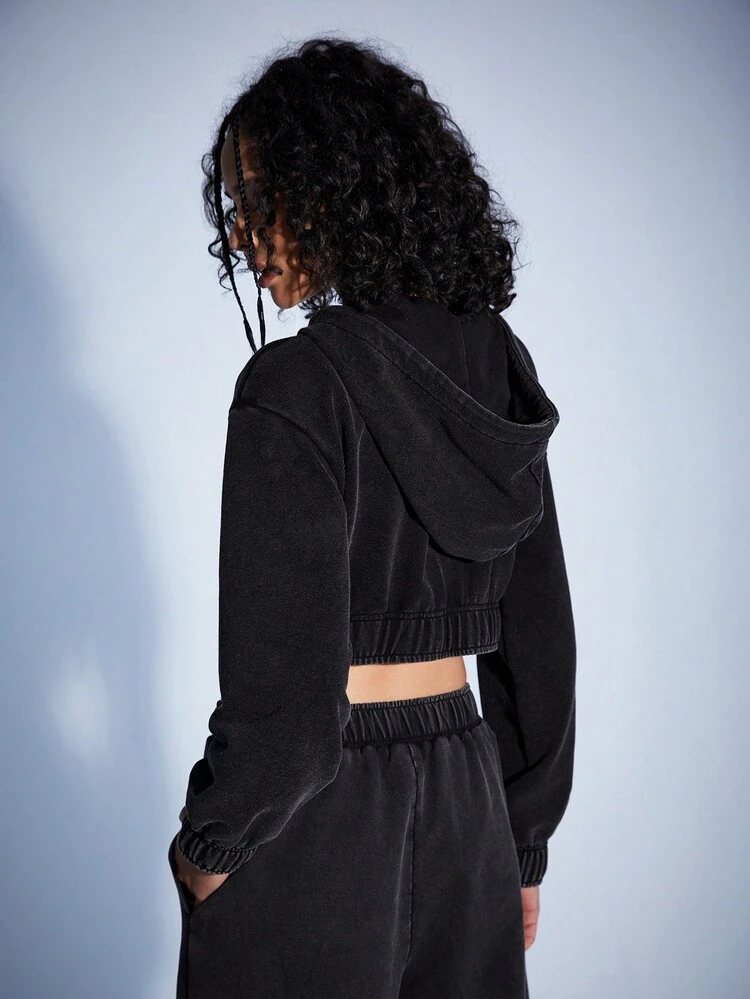 Women'S Letter Embroidery Hooded Cropped Sweatshirt