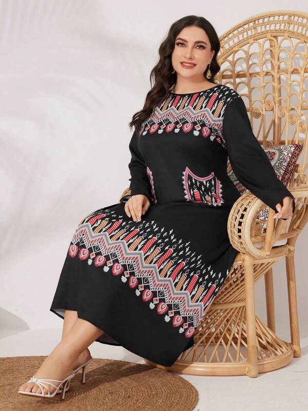 Al Najma Plus Size Geometric Pattern Round Neck Long Sleeve Dress