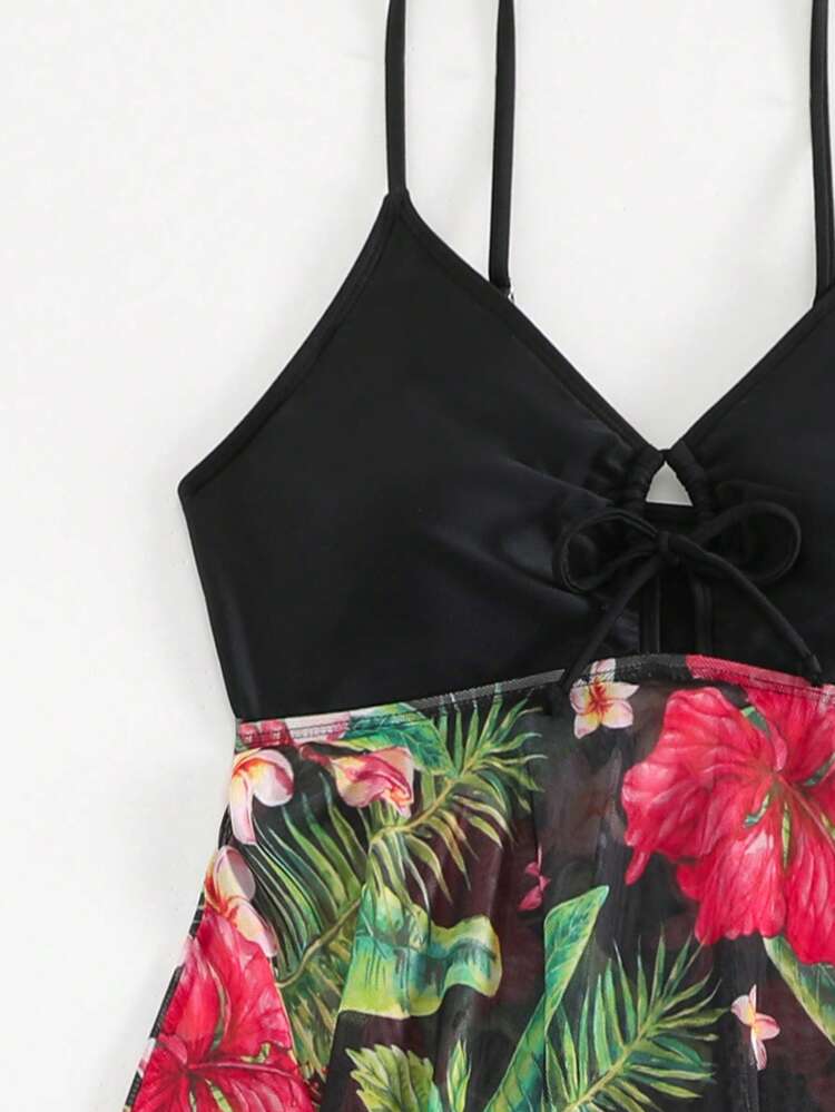 Summer Color Block Tropical Print Asymmetrical Hem Cami Top And Panty Swim Dresses Set Carnival