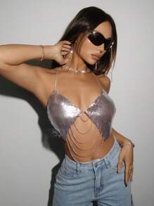 SHEIN Unity Metallic Beaded Decorated Cami Top - Silver - View 6