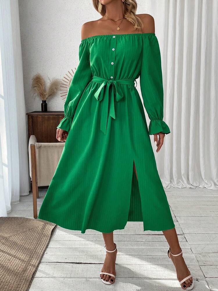 Solid Color Women's Off Shoulder Slit Dress Fall Cloth For Women