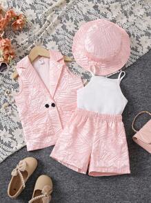 SHEIN 3 Unids/set Sombrero Magnífico Para Chicas Jóvenes, Chaqueta De Dos Bolsillos, Chaleco Y Pantalones Cortos Trajes De Verano