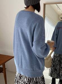 FRIFUL 女士宽松落肩针织毛衣，秋装 - 藍色 - 查看 2
