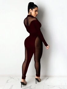 Women'S See-Through Mesh Insert Long Sleeve Unitards - Burgundy - View 5