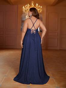 Faeriesty Đầm dự tiệc hai dây buộc lưng liền thân Plus - Màu xanh hải quân - Xem 2