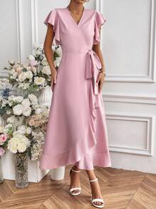 Chiquease Solid Color Ruffle Edge Wrap Tie Waist Dress - Dusty Pink - View 3