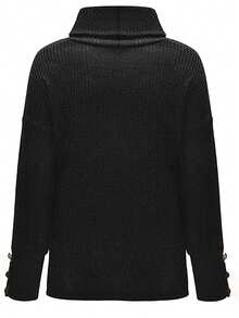 1pc Women High Neck Long Sleeve Solid Color Knit Sweater With Button Detail, Autumn/Winter - Black - View 2