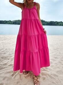 Breezaya 女士粉色细肩带长裙度假海滩装 - 玫紅色 - 查看 5
