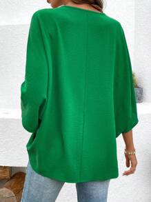 SHEIN Clasi Plain Textured Glitter 3/4 Sleeve Shirt - Green - View 3