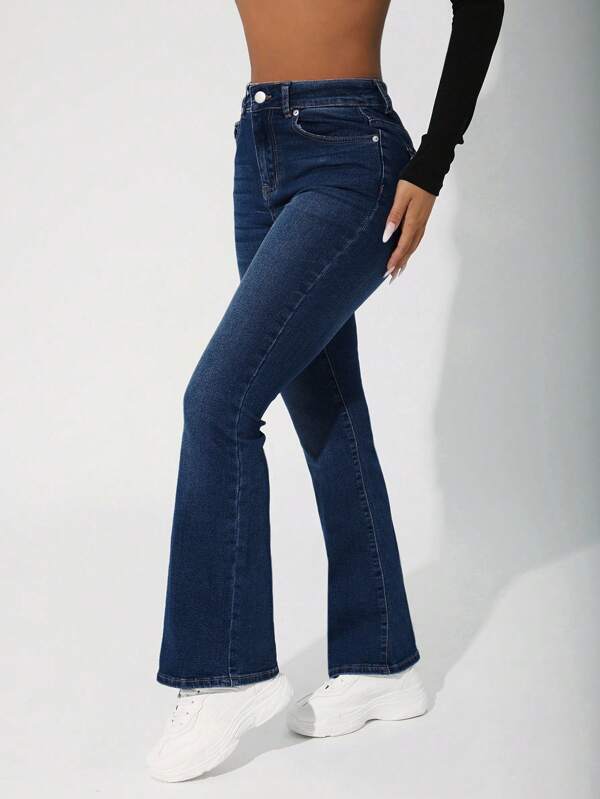 SHEIN PETITE Denim Flare Pants With Front Button Closure