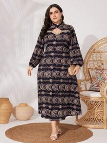 Modelyn Vestido De Manga Larga Con Estampado Al Azar En Talla Grande - Negro - Ver 2