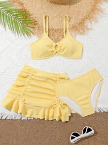 Conjunto de bikini de unicolor de 3 piezas para niña preadolescente, playa de verano - Amarillo - Ver 1