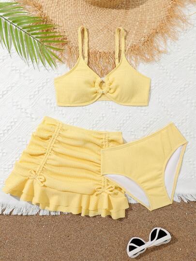 青少年女孩纯色比基尼套装 3 件套夏季海滩