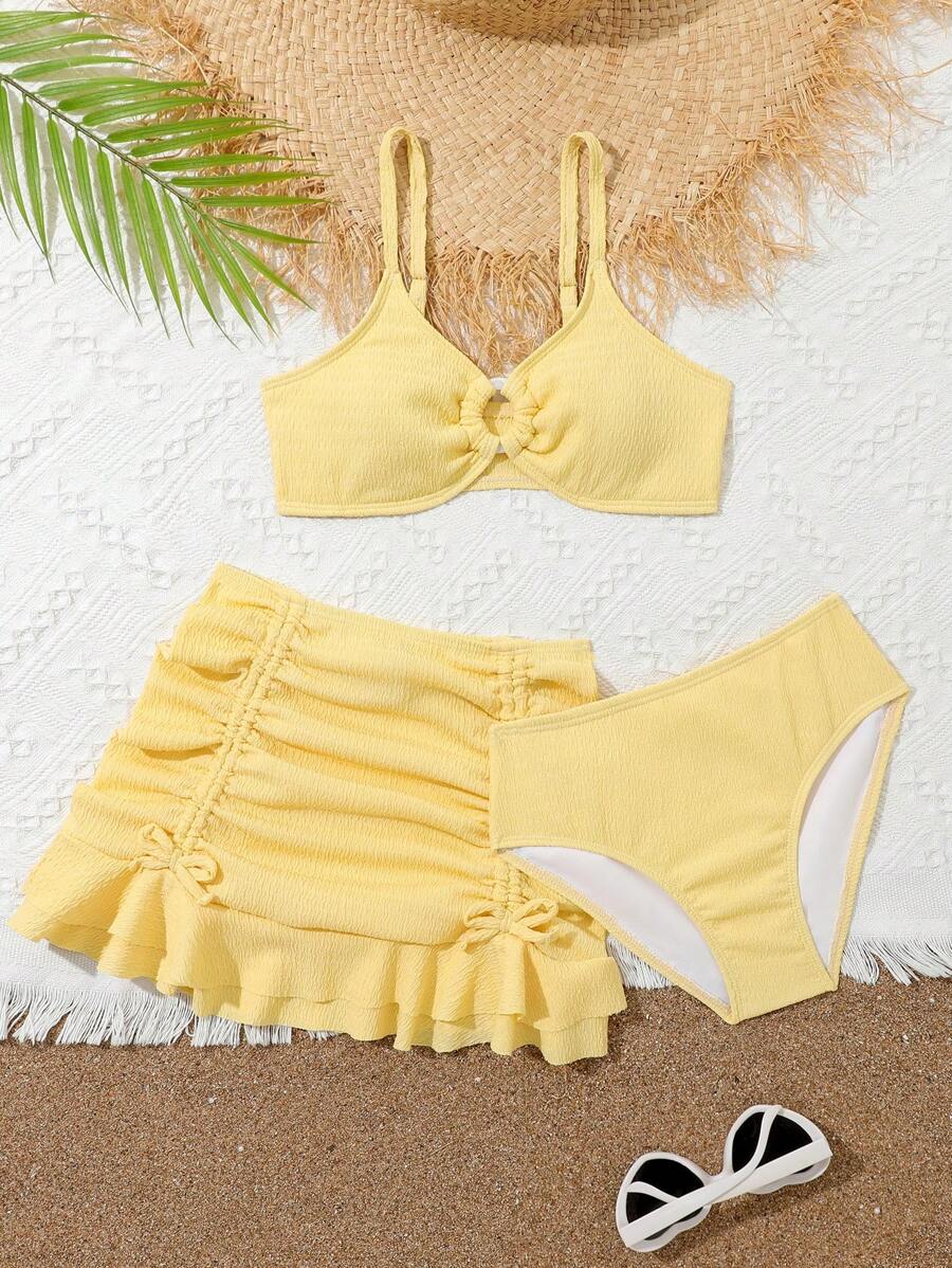 Conjunto de bikini de unicolor de 3 piezas para niña preadolescente, playa de verano - Amarillo - Ver 1