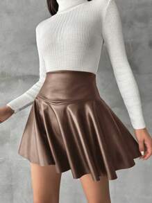 EURMUSE Solid Color Side Zipper Skirt - Mocha Brown - View 4