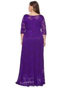 女士加大碼蕾絲伴娘禮服,斜口袋設計 - 紫色 - 查看 2