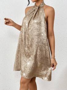 SHEIN Clasi Rượu sâm banh Vàng Không tay Halterneck Đầm - Vàng - Xem 4