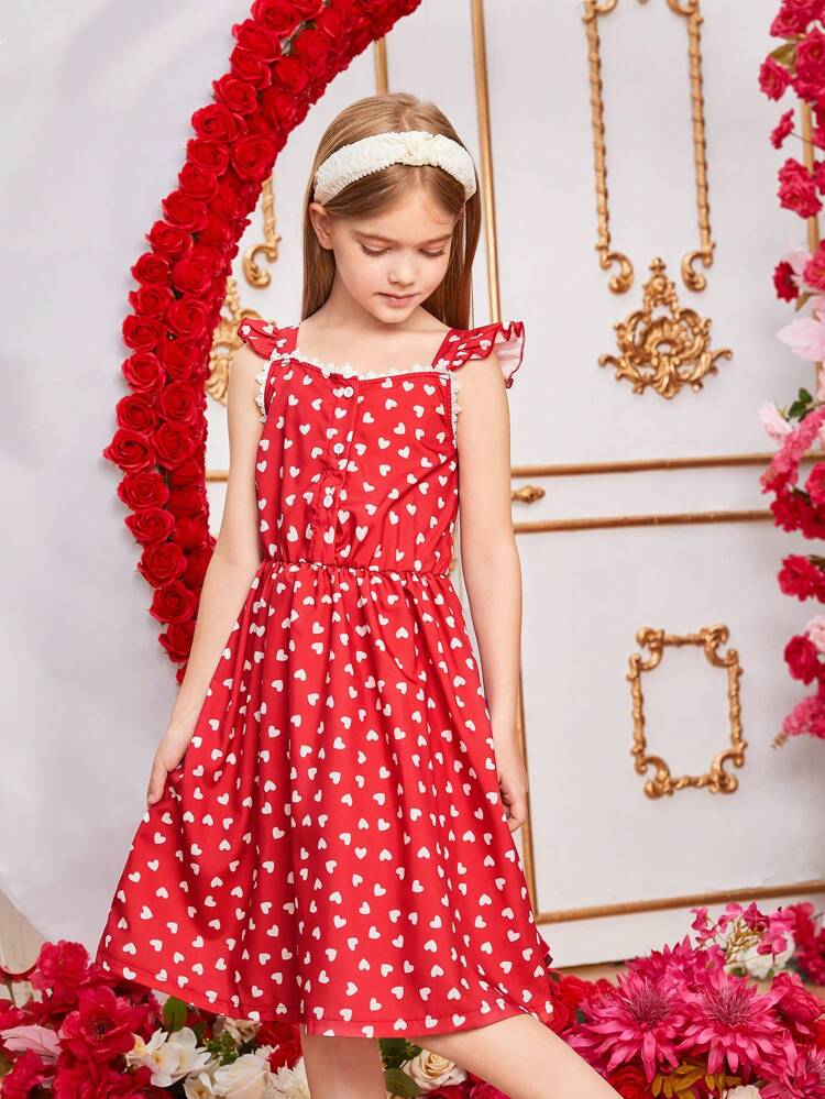 Tween Girls' Heart Print Dress With Tiered Ruffle Hem