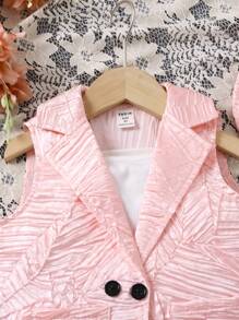 SHEIN 3 Unids/set Sombrero Magnífico Para Chicas Jóvenes, Chaqueta De Dos Bolsillos, Chaleco Y Pantalones Cortos Trajes De Verano