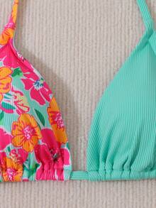 Women's Floral Printed Patchwork Bikini Set Summer Beach - Multicolor - View 3
