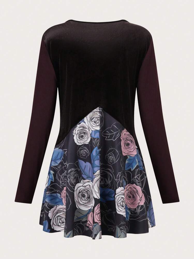 Women's Black Round Neck Patchwork Random Print T-Shirt