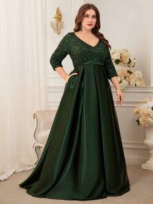 XUIBOL Plus Size Sequin Patchwork Asymmetric Hem Evening Gown - Dark Green - View 3
