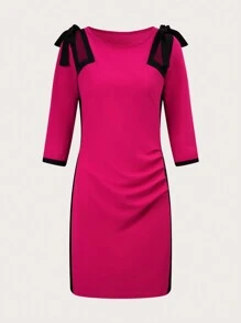 SHEIN Lady Ladies' Pink Colorblock Dress With Contrast Border - Hot Pink - View 6